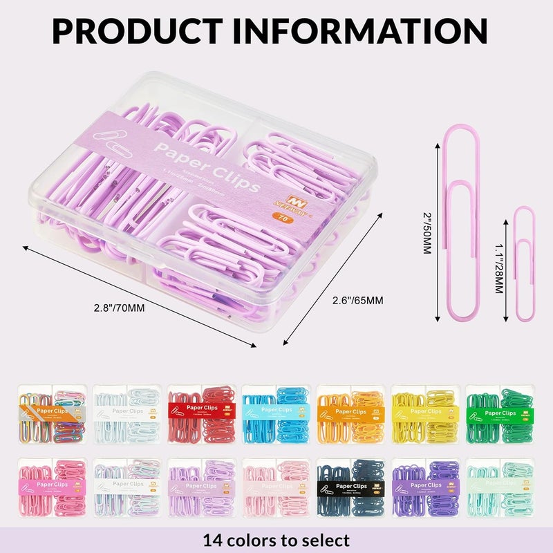 NEEWAY Colorful Paper Clips Assorted Sizes, Small and Large Paperclips, 210 Count, 3 Pack of 70 (Light Purple) - Image 2